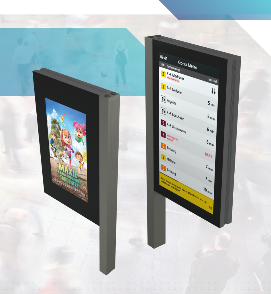 Twee LCD-schermen op paal in vlagopstelling met reclamecontent en reisinformatie