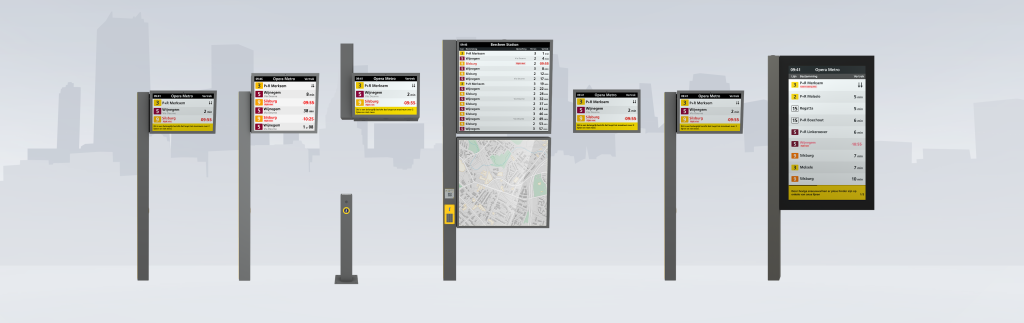 Productfamilie van de displayoplossingen voor de lijn op een rijtje (7 verschillende schermtypes in herkenbare huisstijl)