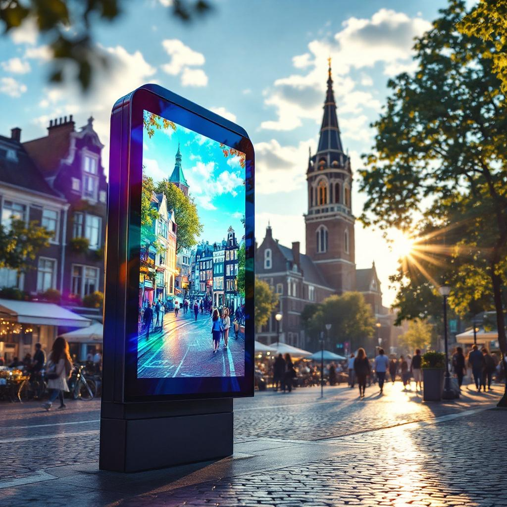 Een digitaal LED-display op een marktplein
