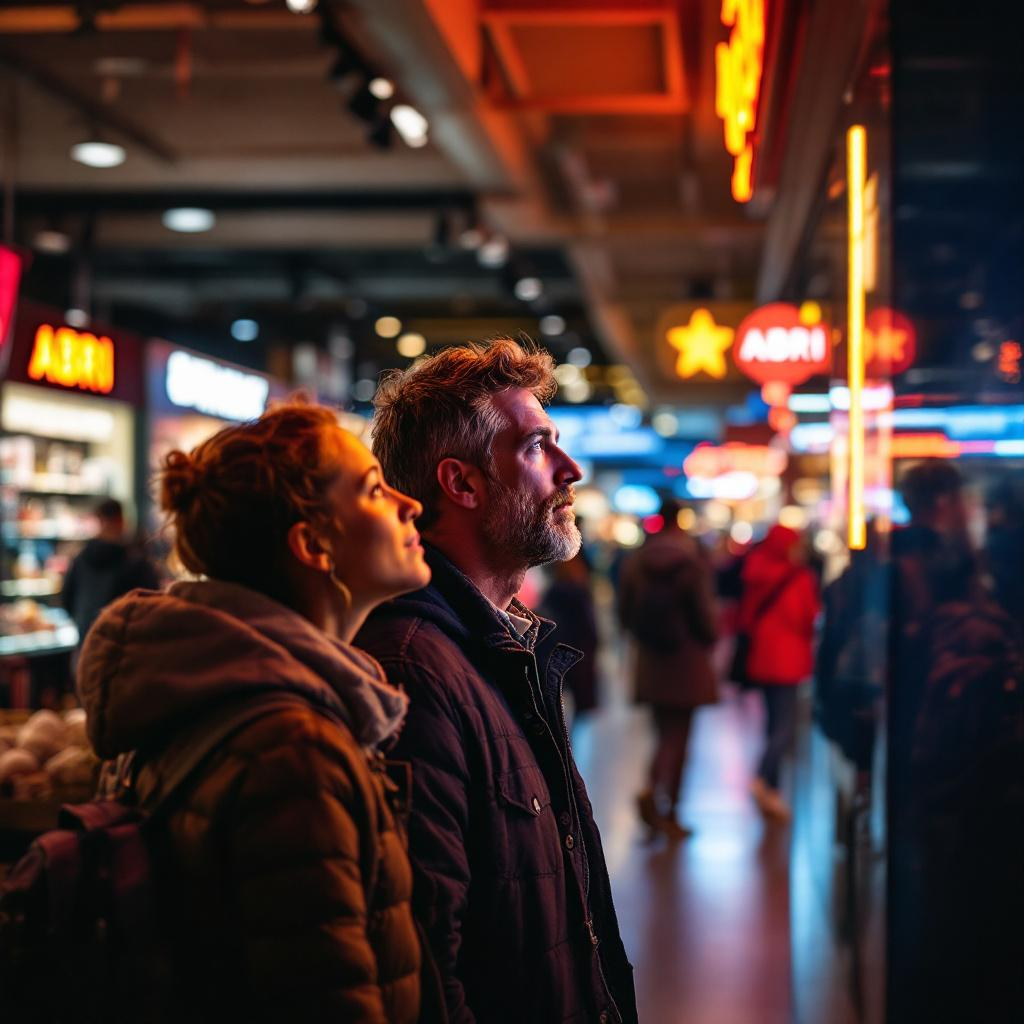 Toeristen kijken verwonderd naar een LED-scherm